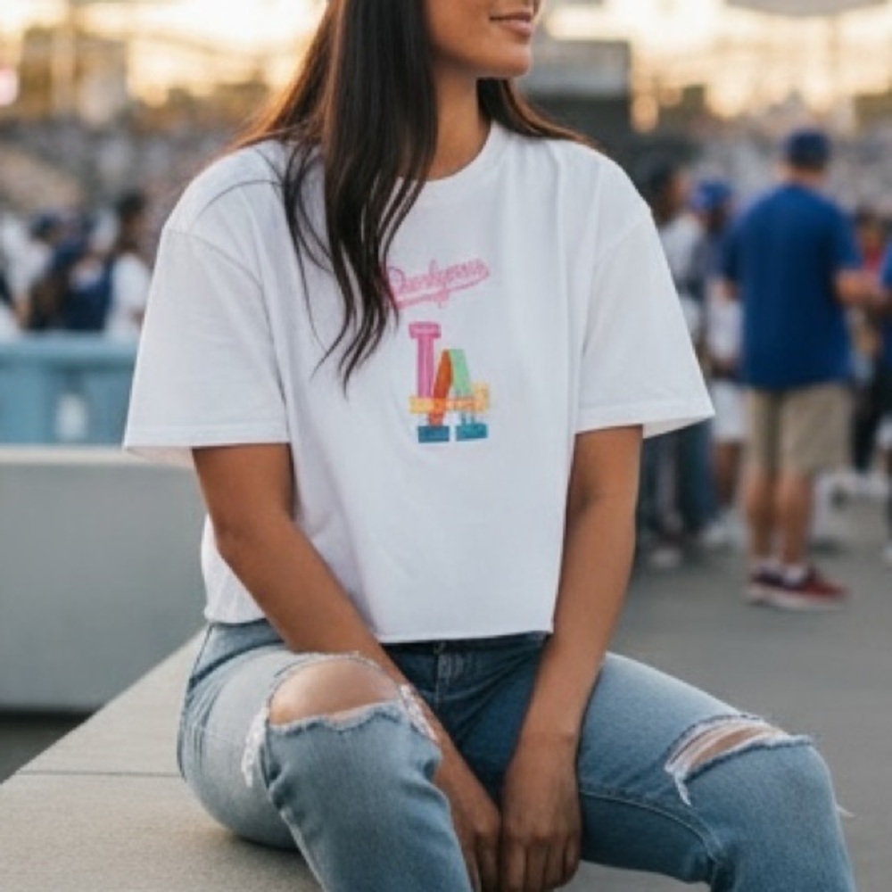 Los Angeles Dodgers MLB White Pro Cotton Neon Rainbow Embroidered Crop T-Shirt